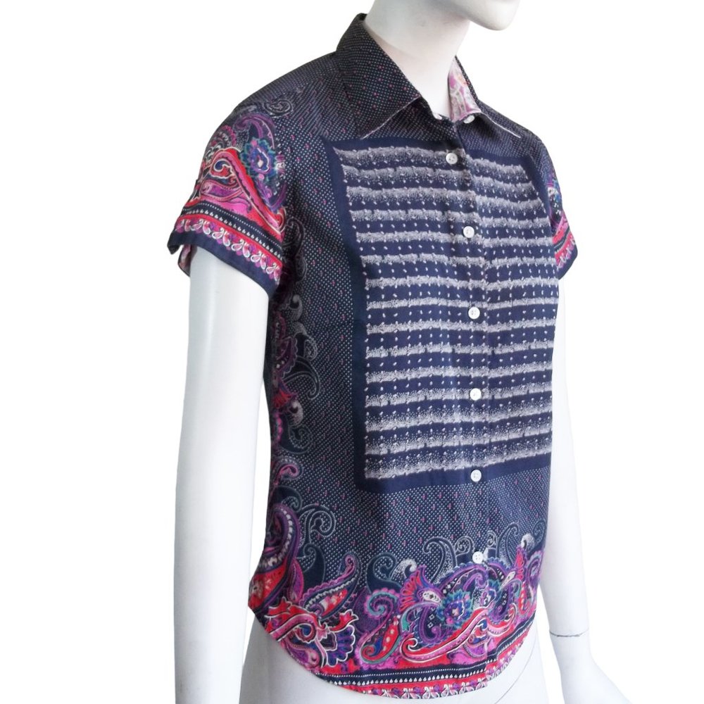 ROBERT GRAHAM Polka Dot Paisley Border Button Front Cotton Womens Blouse Sz 2 - Picture 3 of 14